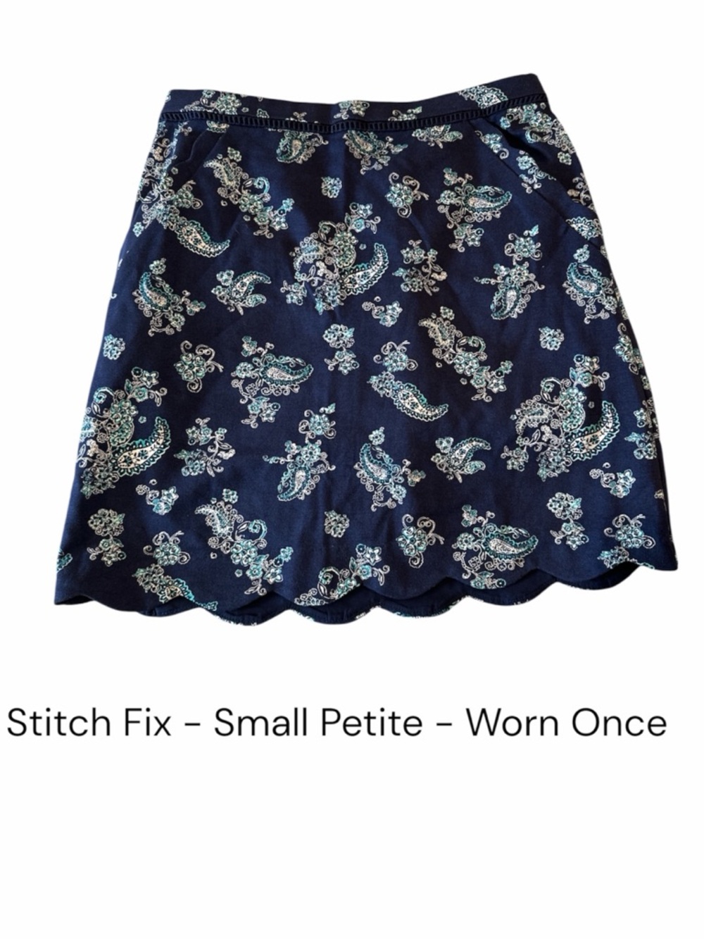 Navy Blue Paisley Scallop Hem Skirt - Skies are Blue - Size SP